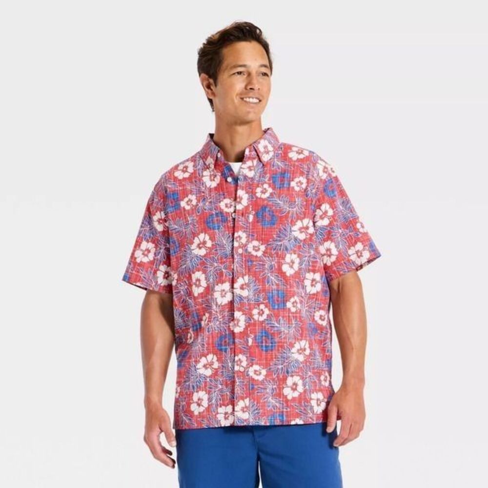 Reyn Spooner Goodfellow Short Sleeve Button-Down Shirt Red Blue  Mens LARGE New